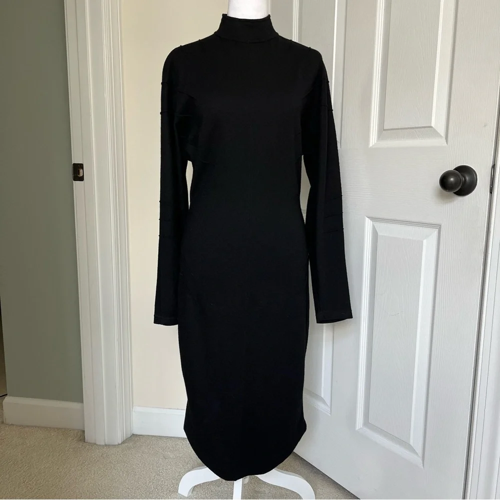 Vintage Thierry Mugler Active 70s Black Knit Virgin Wool Midi Dress Structured S